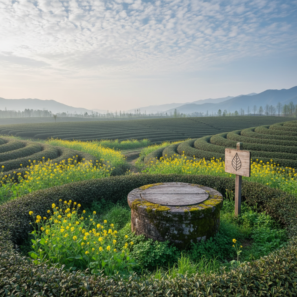 An early-spring tea garden in eastern China captured in photographic realism, with low, neatly rounded tea bushes forming soft, undulating patterns across gentle hills. Between the rows, bright yellow rapeseed flowers and wild grasses grow deliberately, hinting at sustainable, biodiversity-focused cultivation. In the middle ground, an old stone well with moss-covered edges sits beside a simple wooden sign bearing only a carved leaf symbol. Pale morning sunlight filters through thin clouds, casting diffused, silvery light that enhances textures in the foliage and stone. Shot from a slightly elevated angle with sharp focus throughout, the mood is fresh, hopeful, and quietly intellectual, emphasizing ecological care and the thoughtful design of a living, resilient tea landscape.