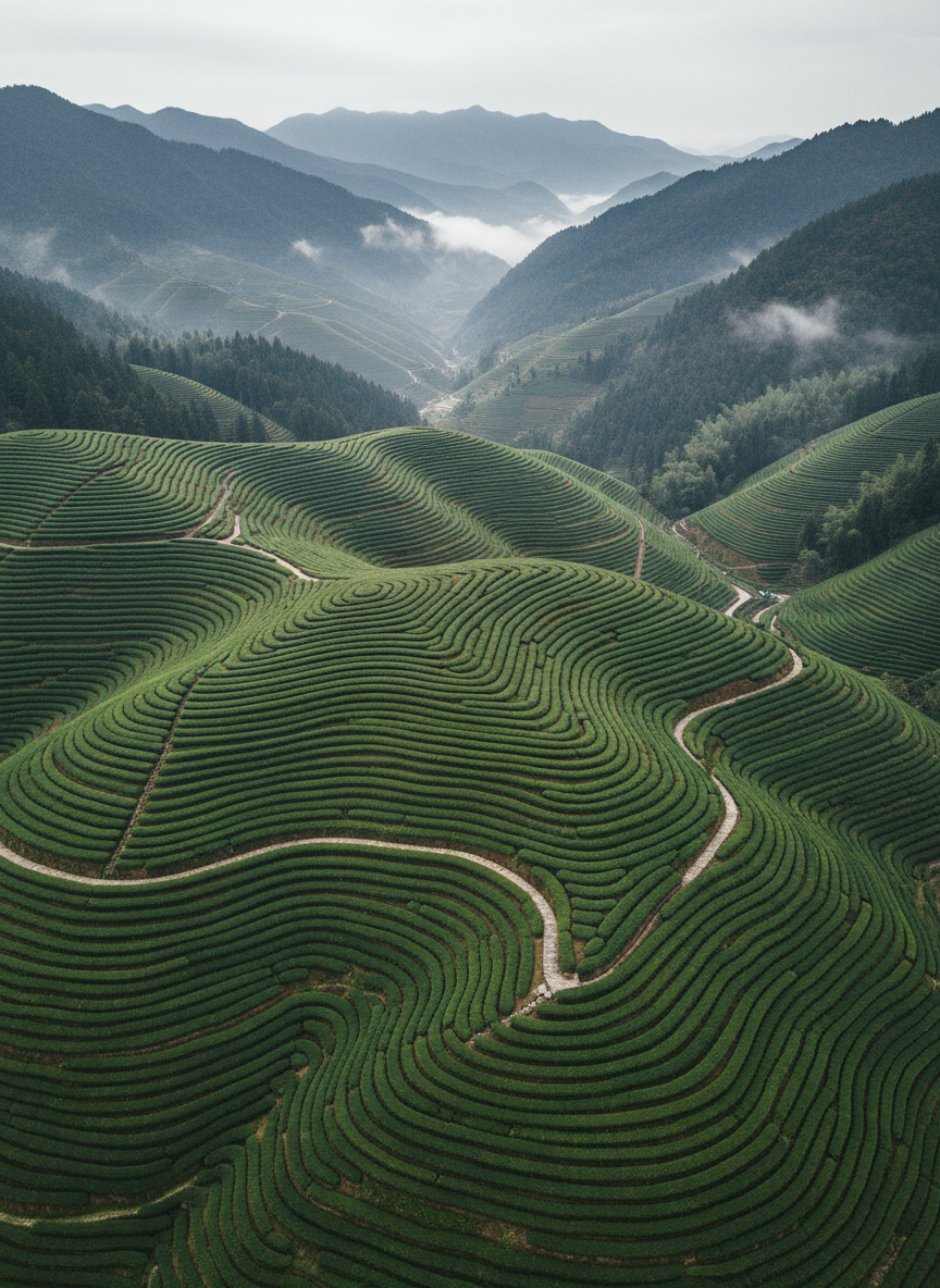 An expansive aerial view of cascading tea terraces carved into emerald-green mountainsides in Yunnan, each row of low, neatly pruned bushes curving gracefully with the land’s contours. Narrow stone paths wind between the terraces, leading towards a distant, mist-covered valley. Diffused overcast light softens the scene, enhancing the lush greens and gentle shadows that give texture to the fields. Thin threads of morning fog cling to the higher ridges, suggesting cool, clean air. Photographic realism with a wide-angle, bird’s-eye composition emphasizes scale and the harmony between cultivation and the surrounding forested peaks, conveying a serene, sophisticated mood that speaks to the grandeur of China’s tea landscapes and the quiet endurance of sustainable farming.