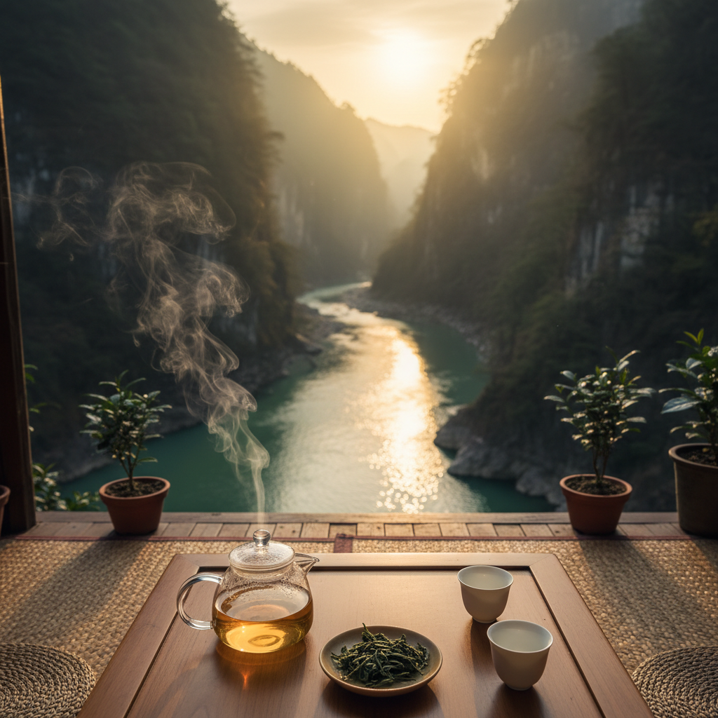 A riverside tea house veranda overlooking a slow, jade-colored river winding between steep, forested cliffs in a remote Chinese gorge. In the foreground, a low wooden table holds a simple glass teapot revealing pale amber infusion, alongside two minimalist porcelain cups and a small dish of loose green tea leaves. Woven rattan mats and a few potted tea saplings in clay pots surround the setting, suggesting an emphasis on cultivation and continuity. Soft golden-hour light slants across the scene, illuminating steam rising from the teapot and catching ripples on the water below. Photographic realism, captured from a seated eye-level perspective with a moderately shallow depth of field, creates a serene, reflective mood that ties together travel, nature, and the quiet ritual of tea.